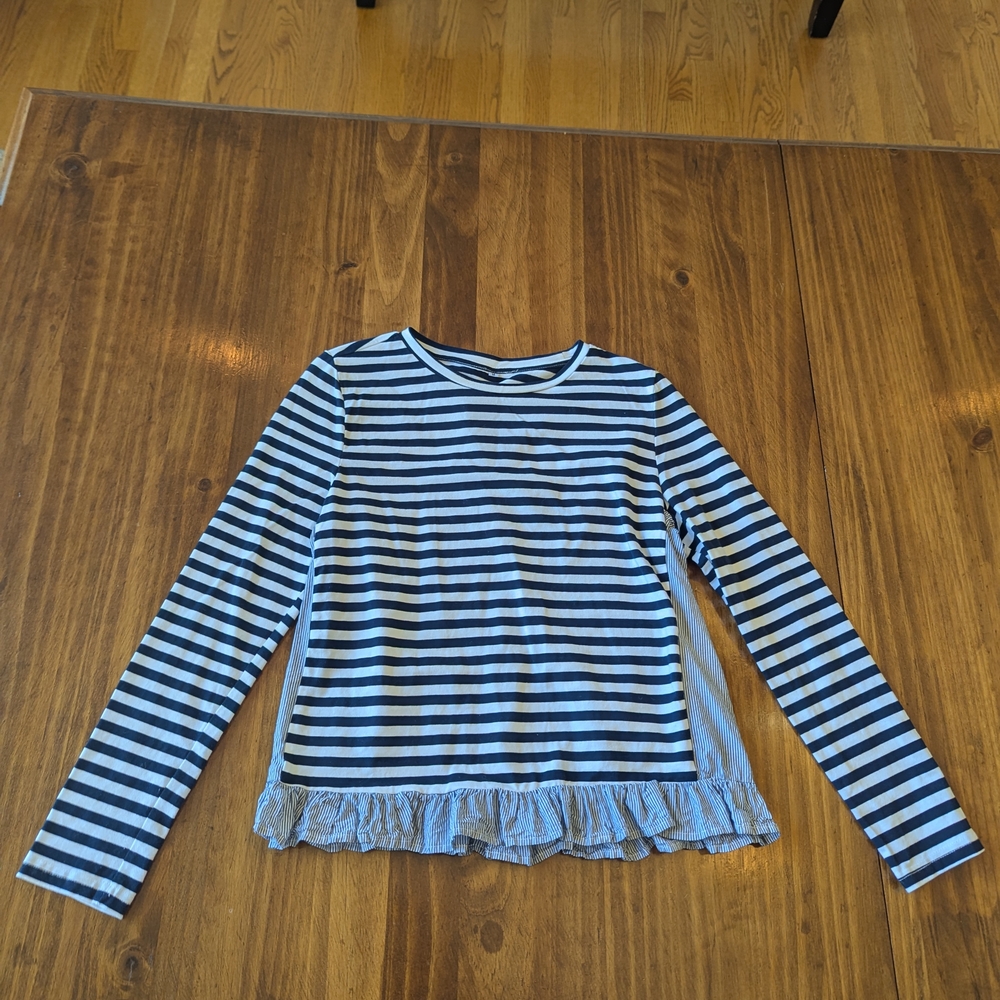Sail to Sable Medium Navy and White Long Sleeve Top With Ruffle Hem Worn Twice!